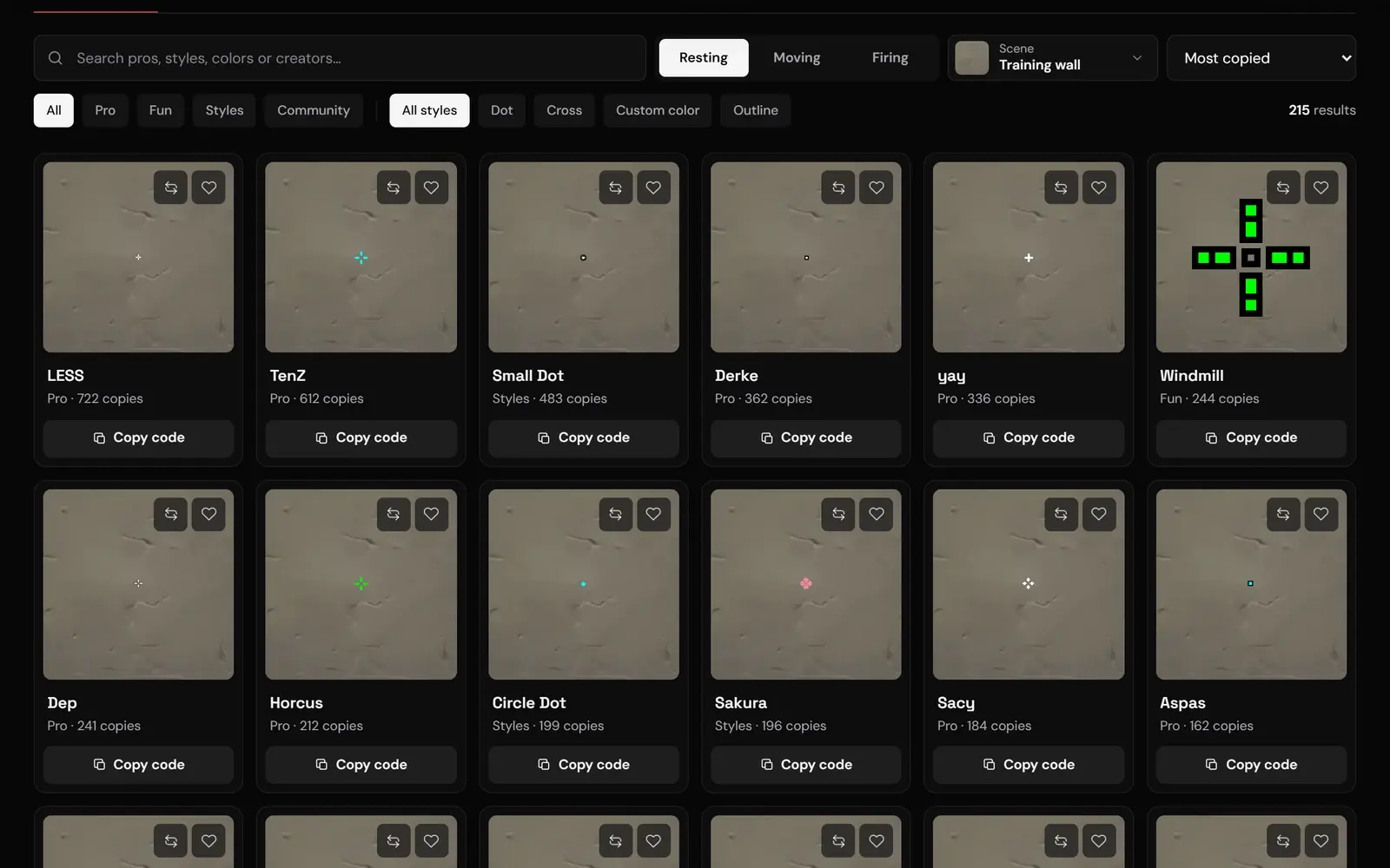 Valorant Scout crosshair database with pro crosshair previews and copy buttons