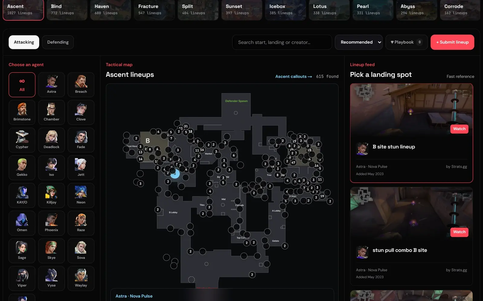 Valorant Scout lineups: every Ascent lineup pinned on the map, with agent picker and lineup videos