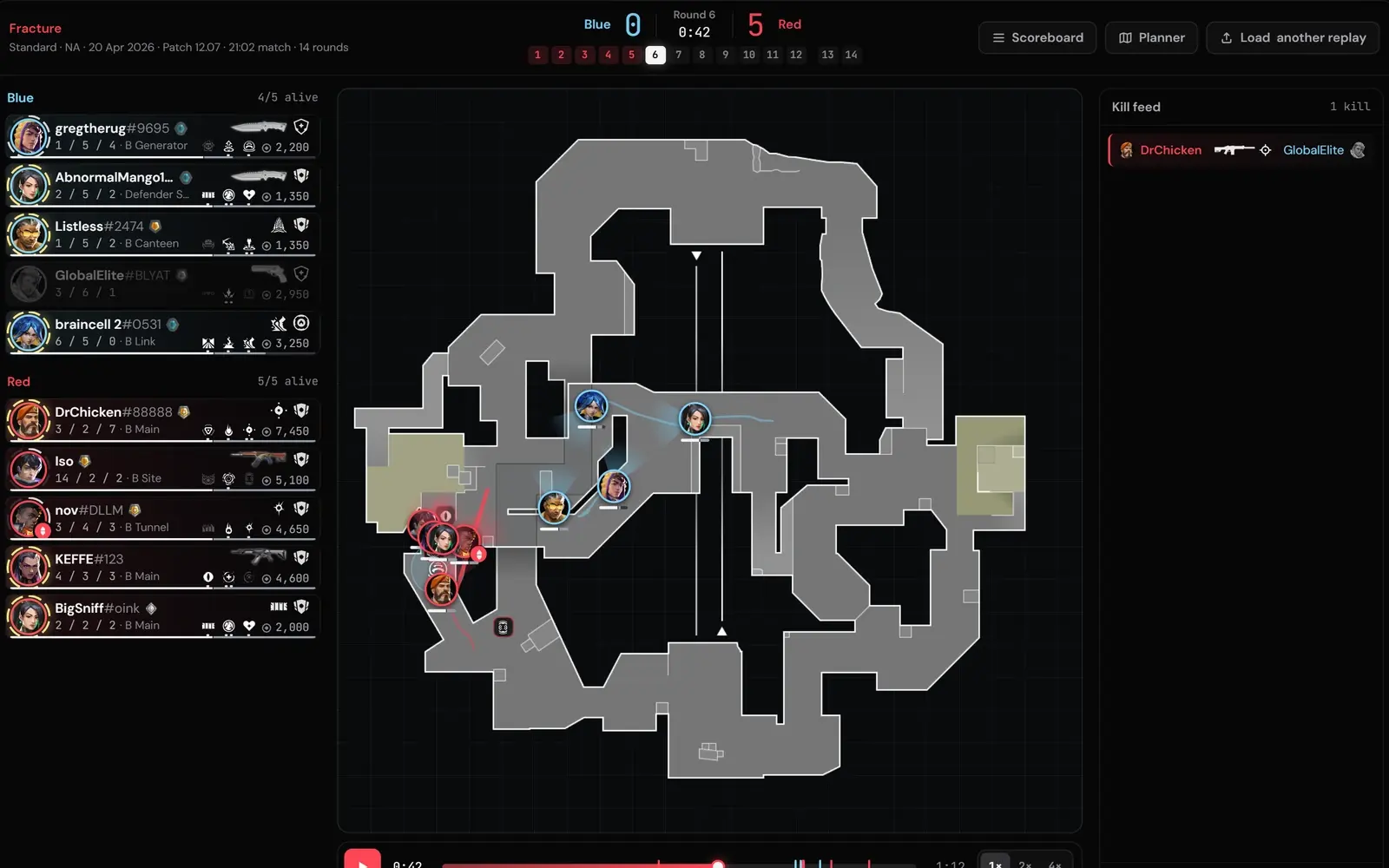 Valorant Scout replay viewer playing a round of Fracture top-down