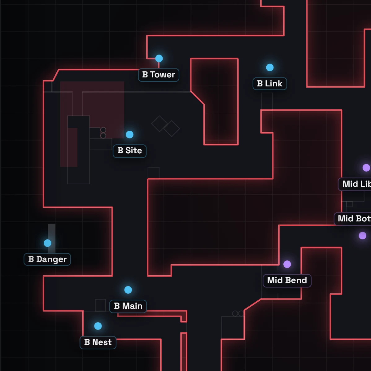 Abyss B Site Callouts in VALORANT, auf der Karte beschriftet
