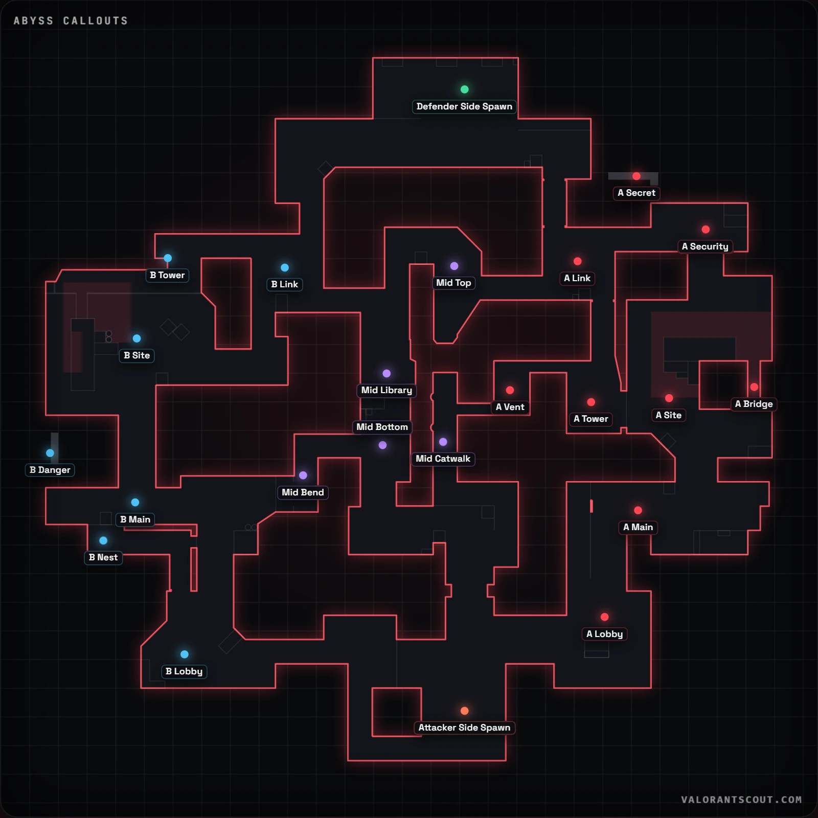 Abyss Callouts-Karte für VALORANT mit 23 beschrifteten offiziellen Callouts, darunter A Main, Mid Library und B Main