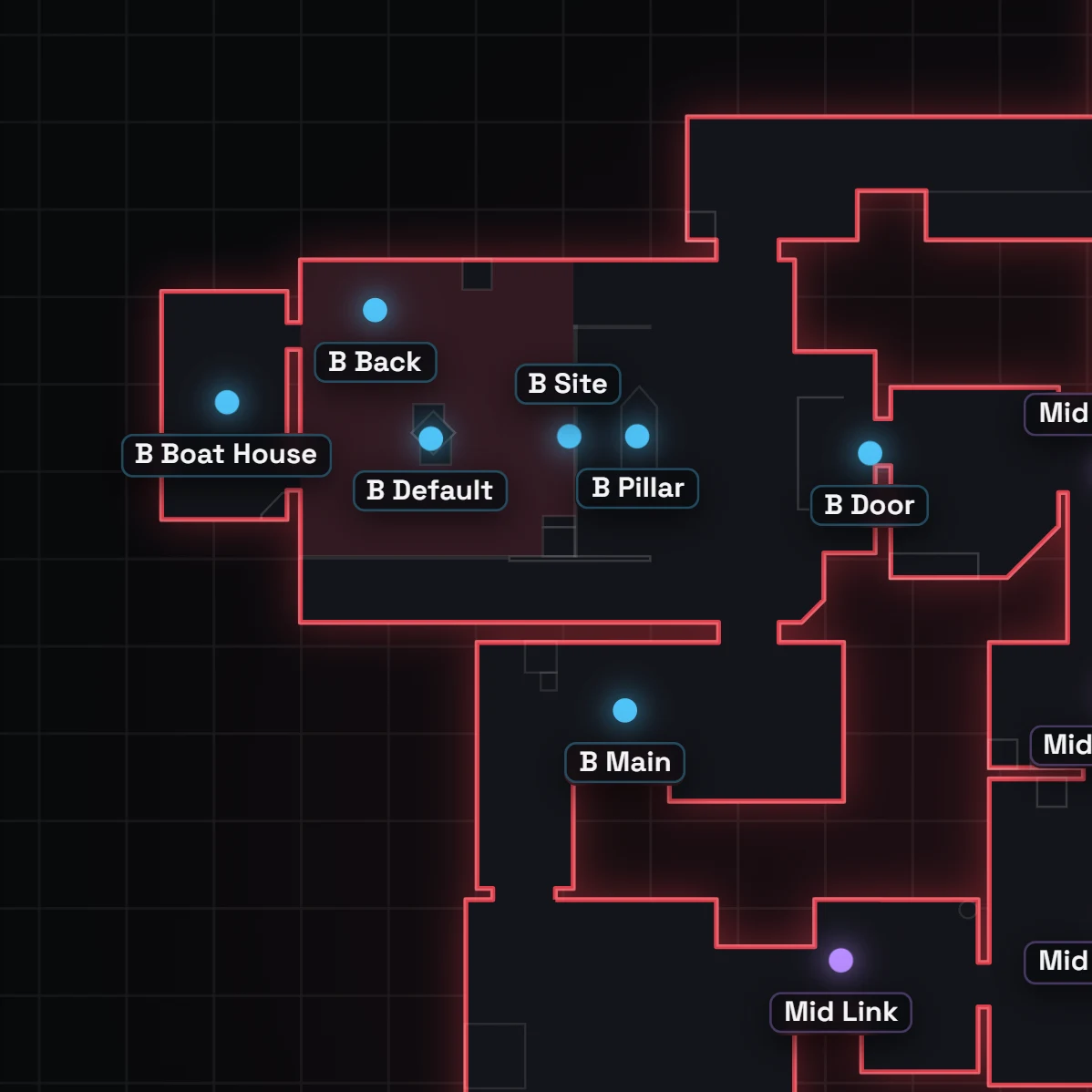VALORANT Ascent B bölgesi callout'ları, harita üzerinde etiketli