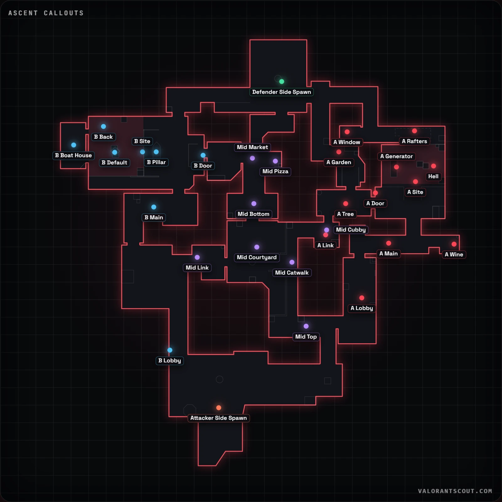 VALORANT Ascent callout haritası, 22 resmi callout etiketli: A Ana, Orta Alt ve B Ana