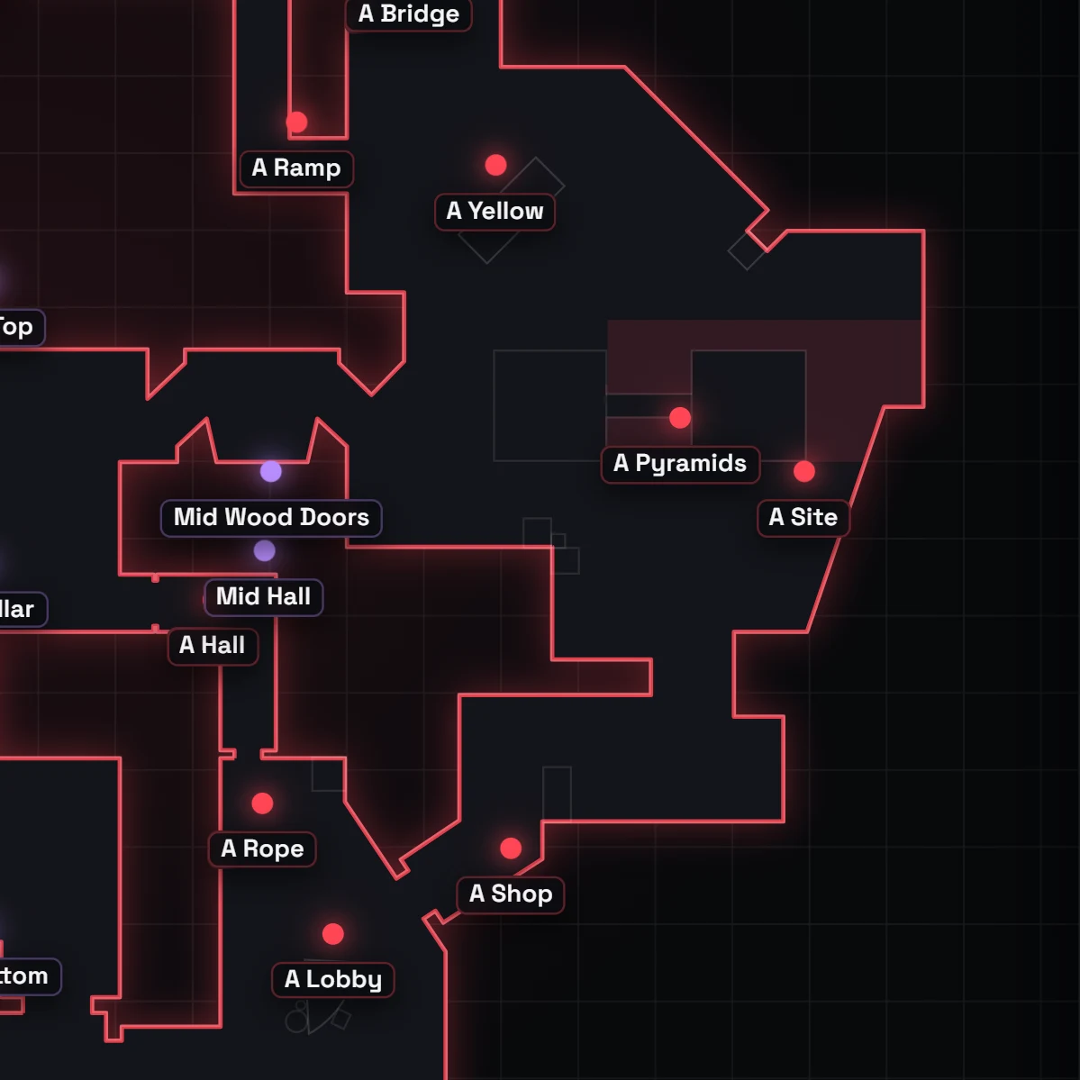 Breeze A site callouts in VALORANT, labeled on the map