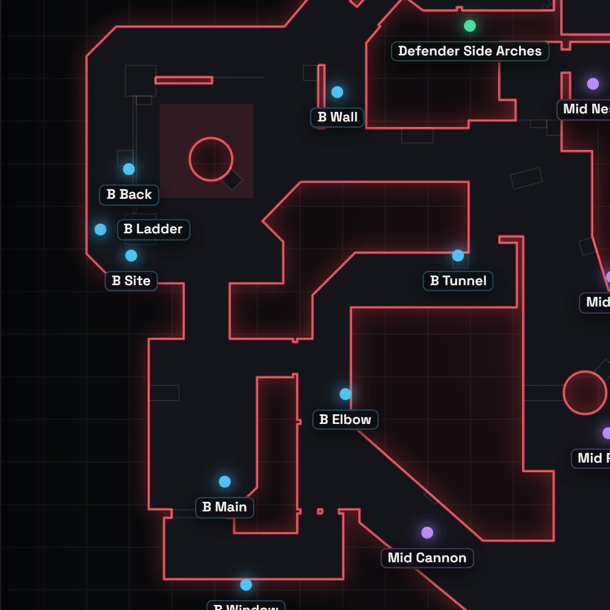 Breeze B site callouts in VALORANT, labeled on the map