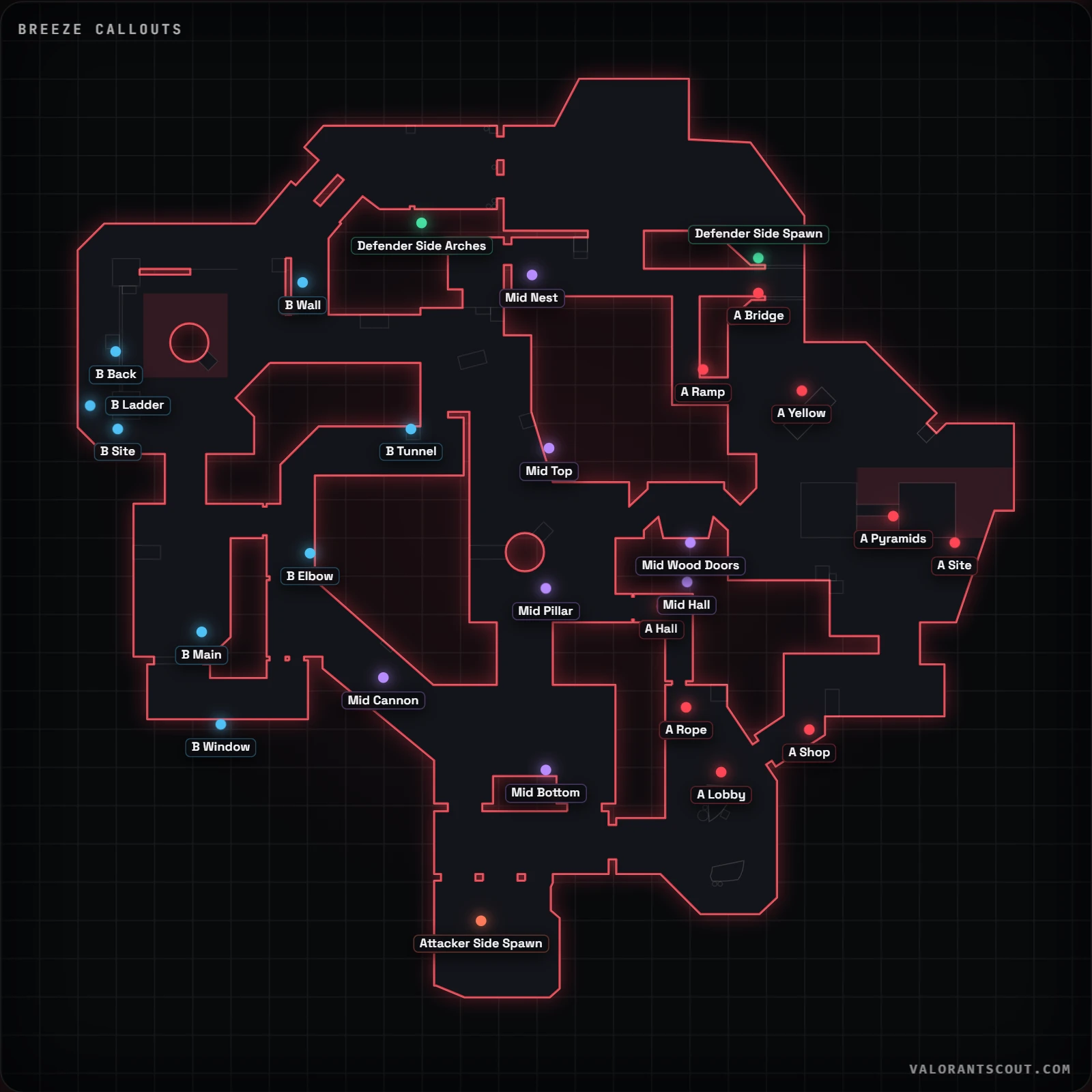 Breeze callouts map for VALORANT with 23 official callouts labeled, including A Bridge, Mid Bottom and B Main