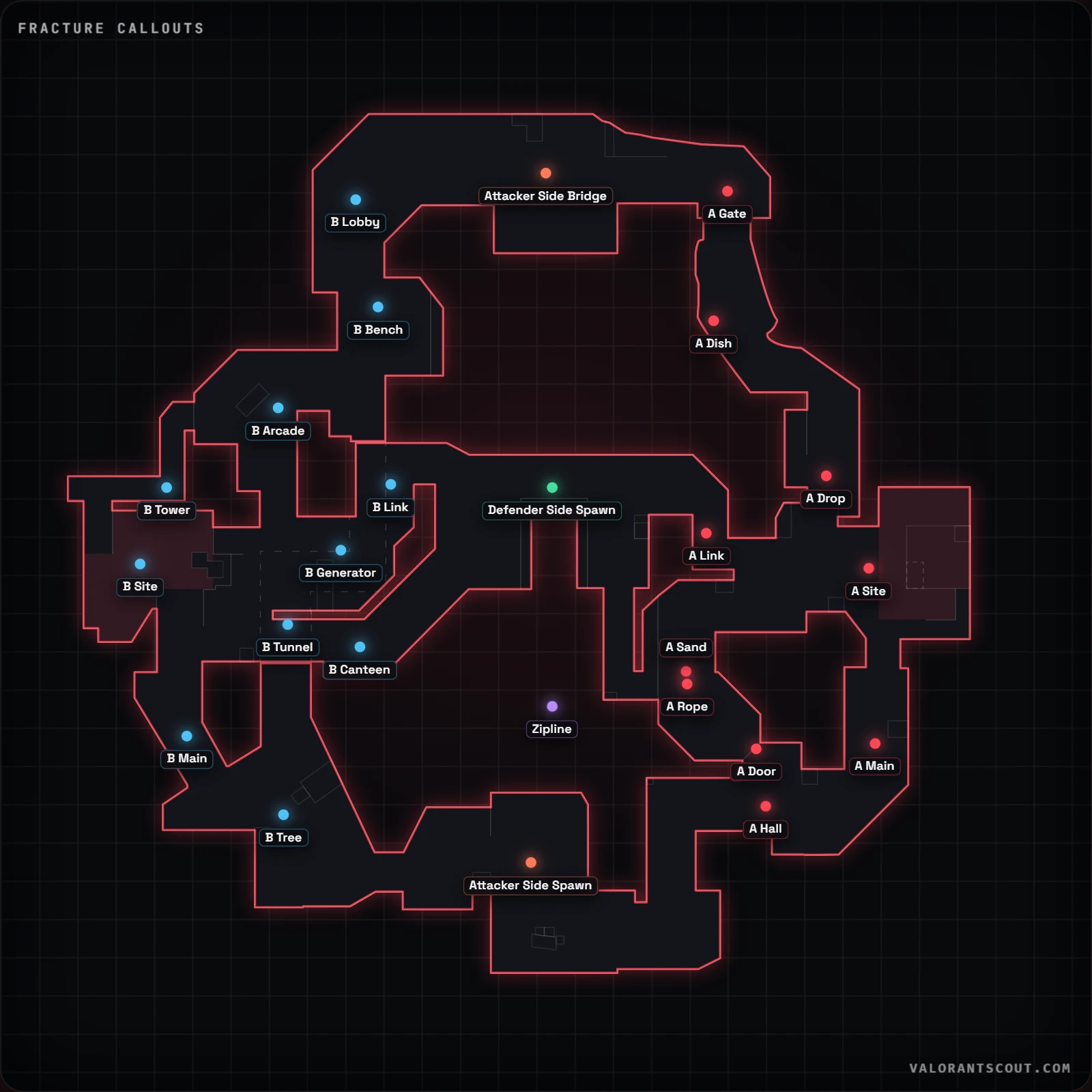 A 메인, B 메인 등 공식 콜아웃 22개가 표시된 VALORANT 프랙처 콜아웃 맵