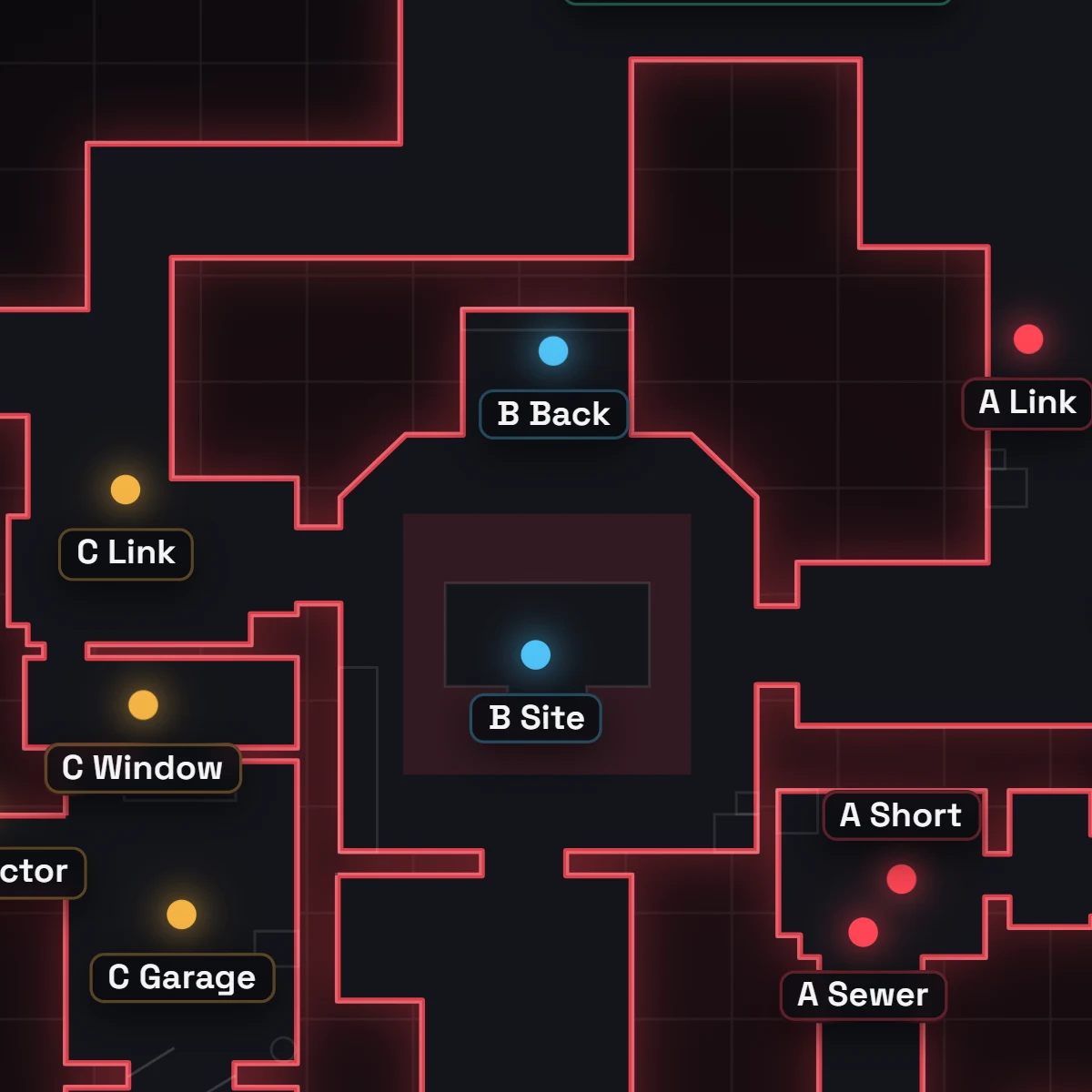 Haven B Site Callouts in VALORANT, auf der Karte beschriftet