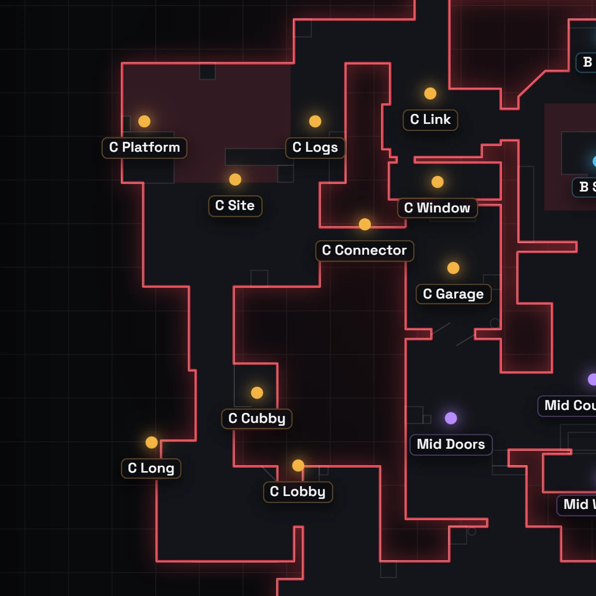 Haven C Site Callouts in VALORANT, auf der Karte beschriftet
