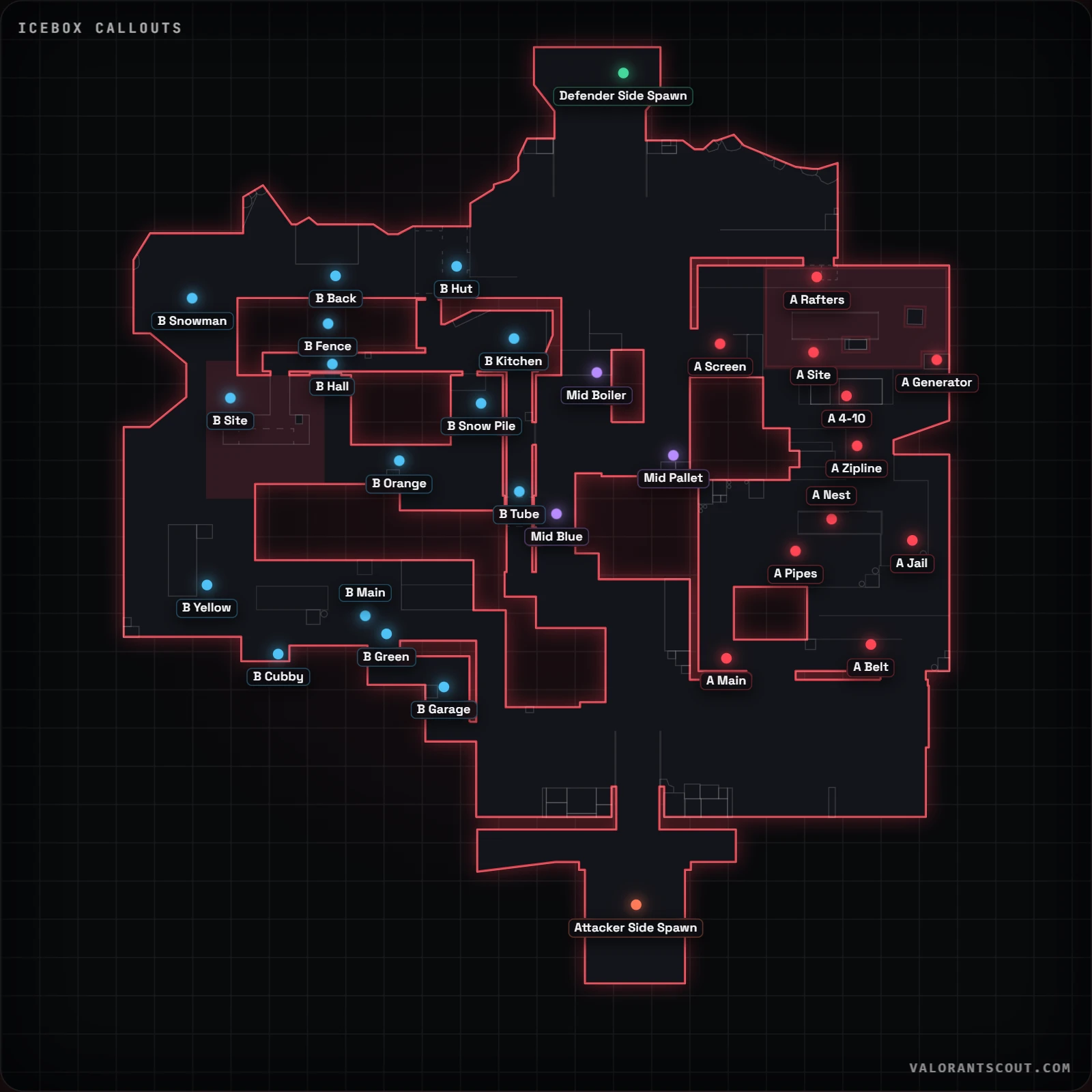VALORANT Icebox callout haritası, 25 resmi callout etiketli: A Bant, Orta Mavi ve B Arka