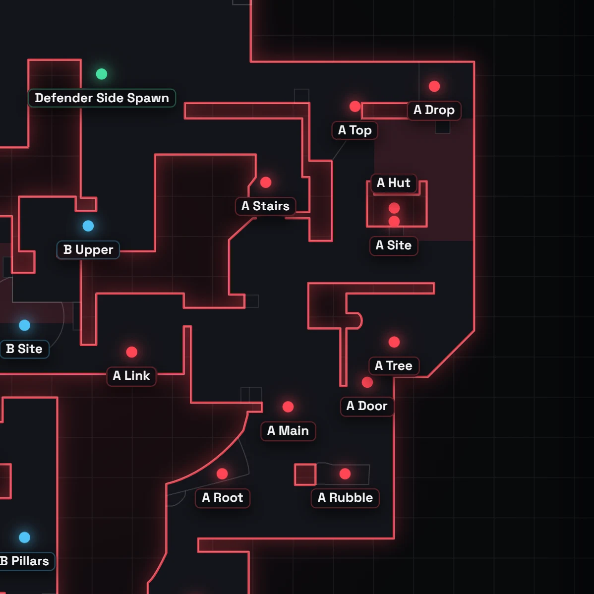 Lotus A site callouts in VALORANT, labeled on the map
