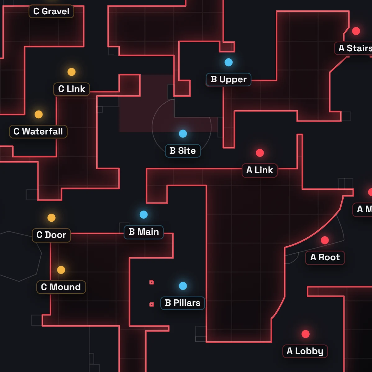 Lotus B site callouts in VALORANT, labeled on the map