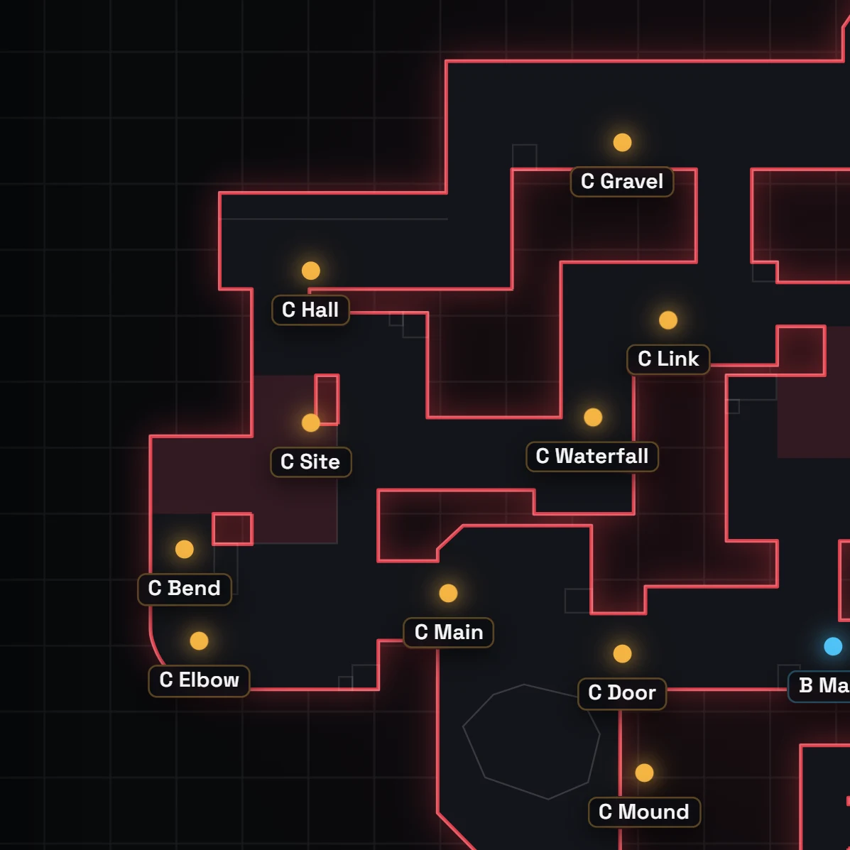 Lotus C site callouts in VALORANT, labeled on the map