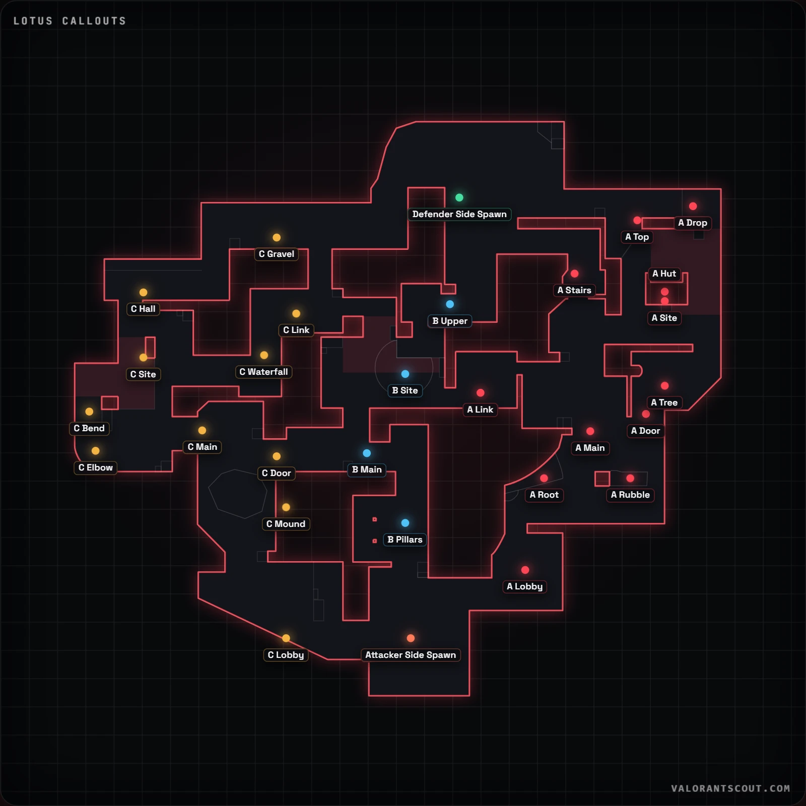 Lotus callouts map for VALORANT with 28 official callouts labeled, including A Main and B Main