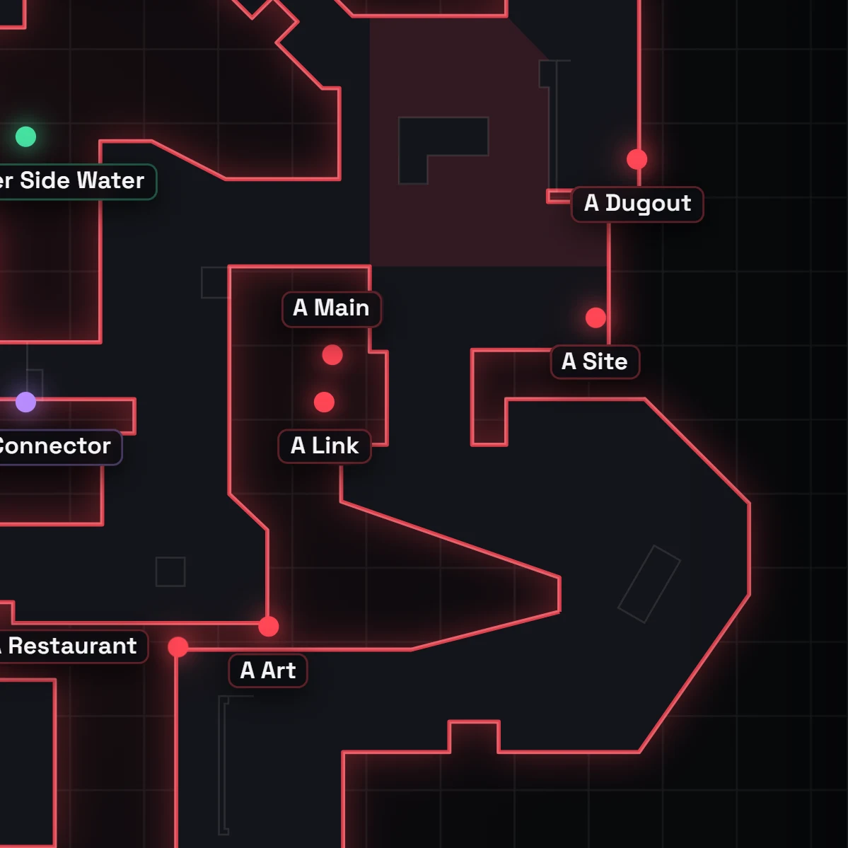 Pearl A site callouts in VALORANT, labeled on the map