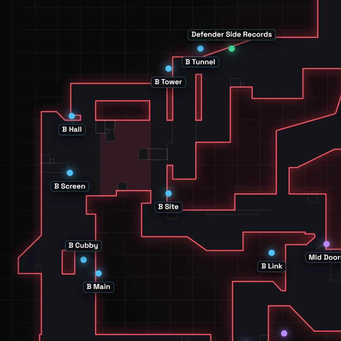 Pearl B site callouts in VALORANT, labeled on the map