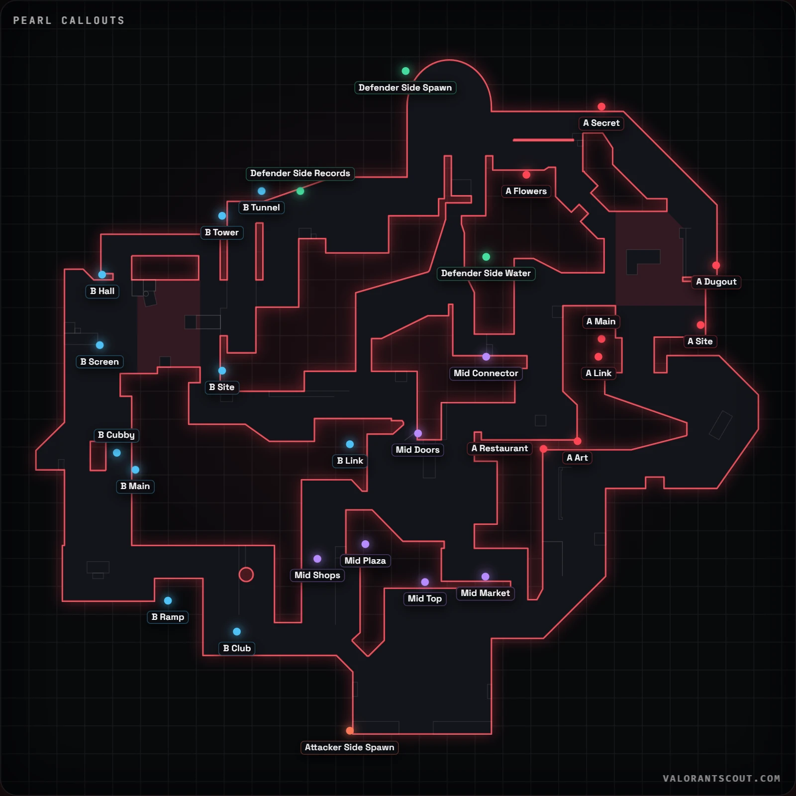 Pearl callouts map for VALORANT with 26 official callouts labeled, including A Main, Mid Plaza and B Main