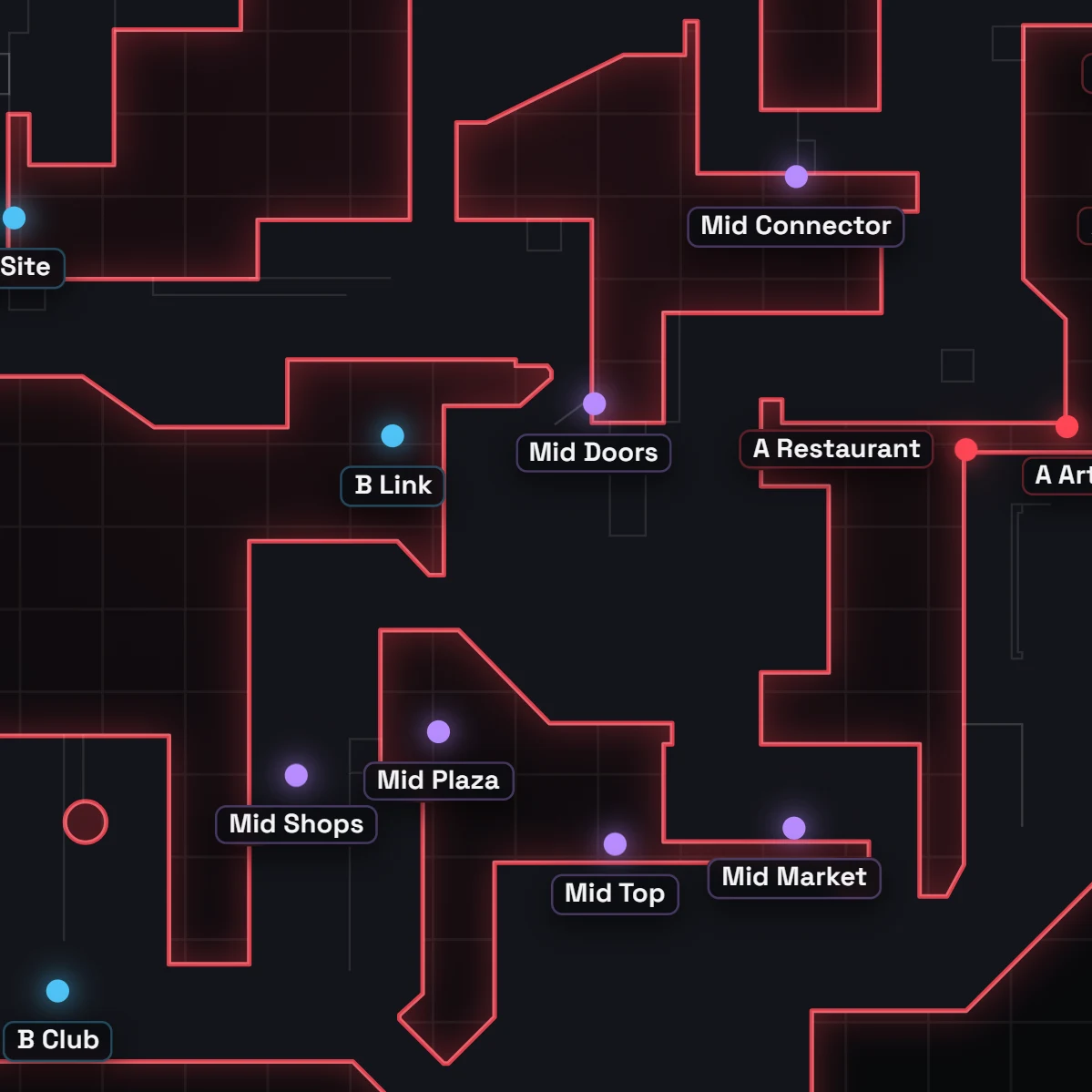 Pearl mid callouts in VALORANT, labeled on the map