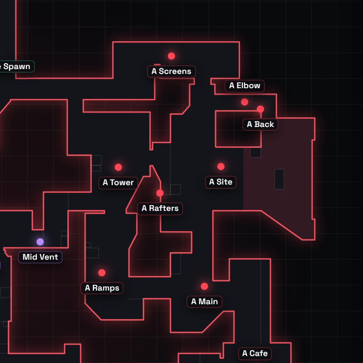 Split A Site Callouts in VALORANT, auf der Karte beschriftet