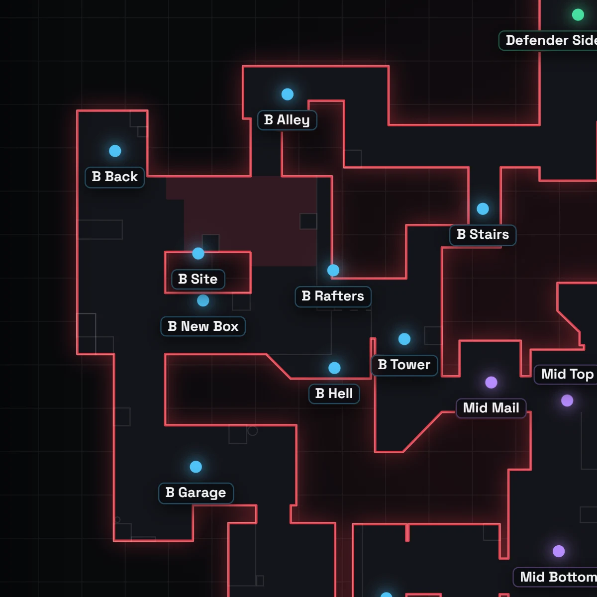 Split B Site Callouts in VALORANT, auf der Karte beschriftet