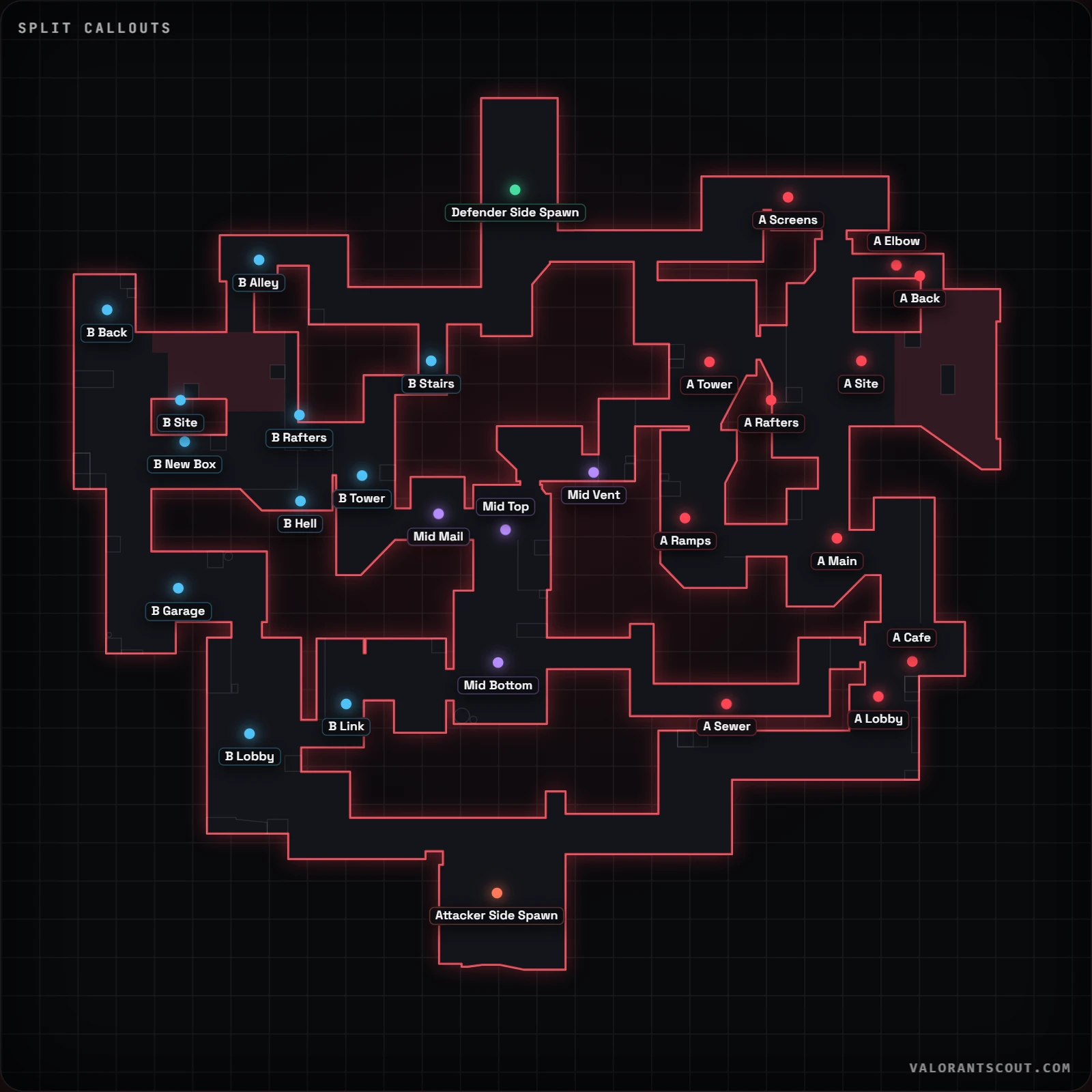 Split Callouts-Karte für VALORANT mit 24 beschrifteten offiziellen Callouts, darunter A Main, Mid Bottom und B Back