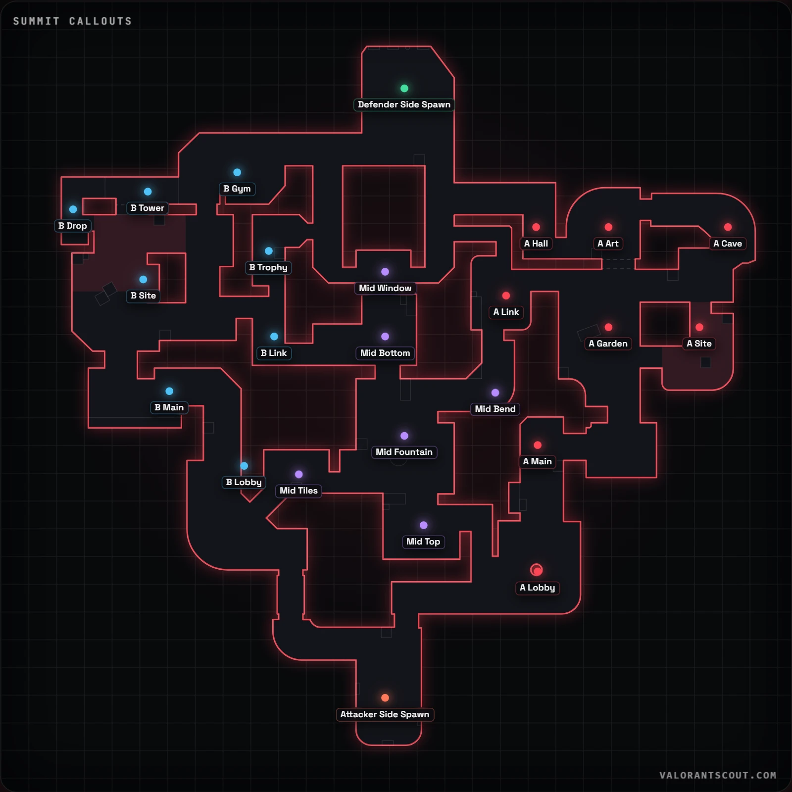 Summit callouts map for VALORANT with 24 official callouts labeled, including A Main, Mid Fountain and B Main