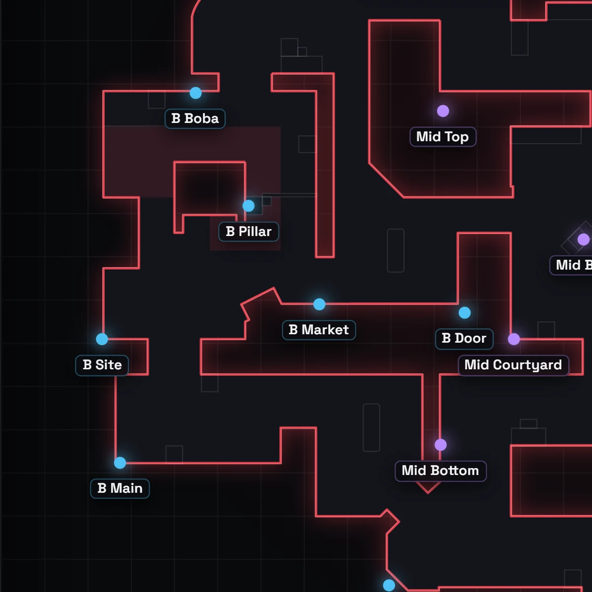 Sunset B Site Callouts in VALORANT, auf der Karte beschriftet