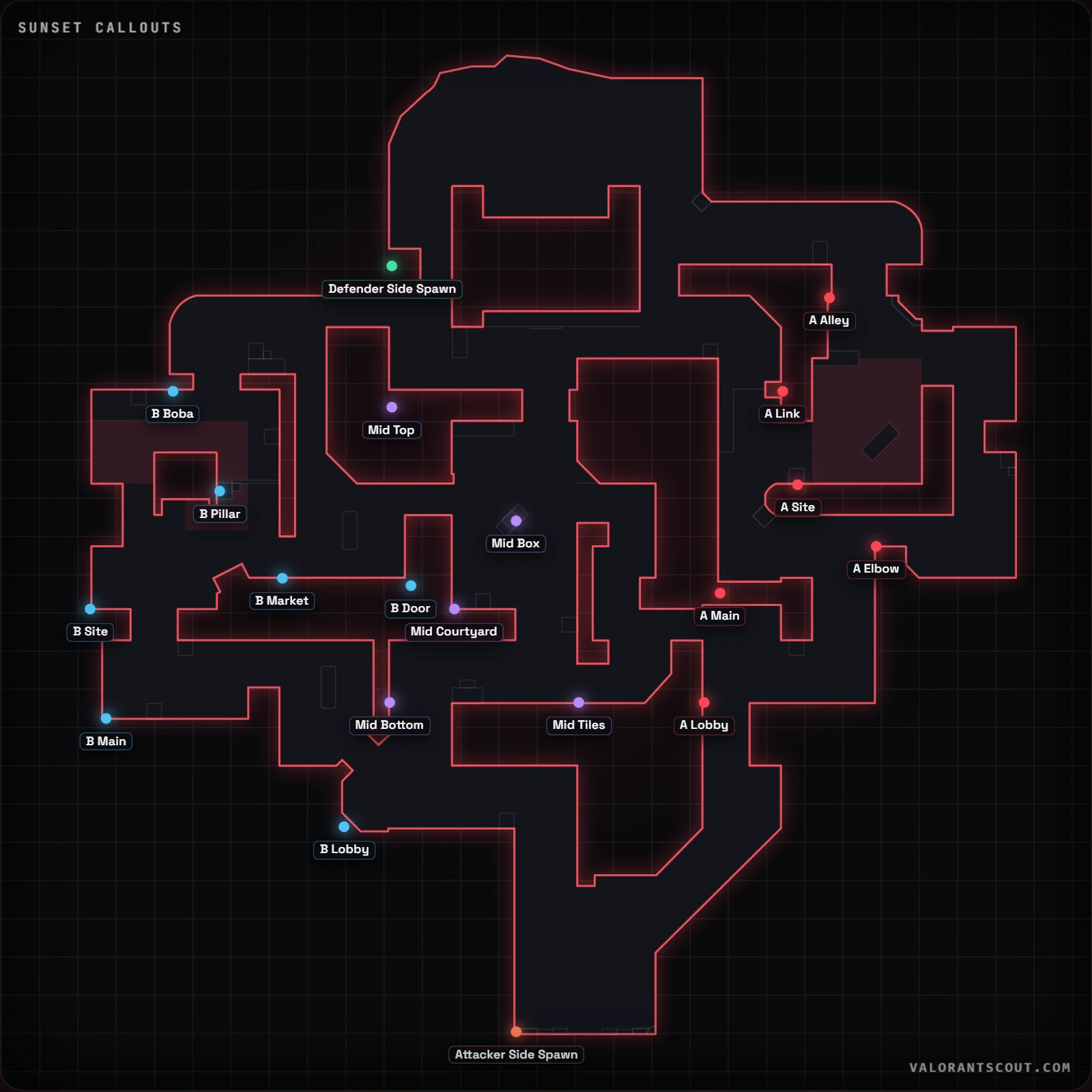 Sunset Callouts-Karte für VALORANT mit 17 beschrifteten offiziellen Callouts, darunter A Main, Mid Courtyard und B Main