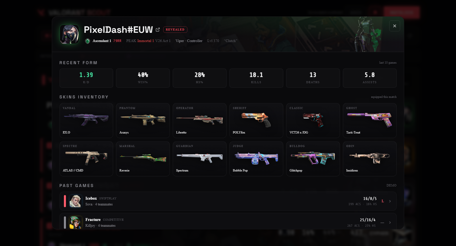 Valorant Scout player profile with skins and past games